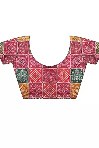 Rust checked embroidered  cotton saree with unstitched blouse piece