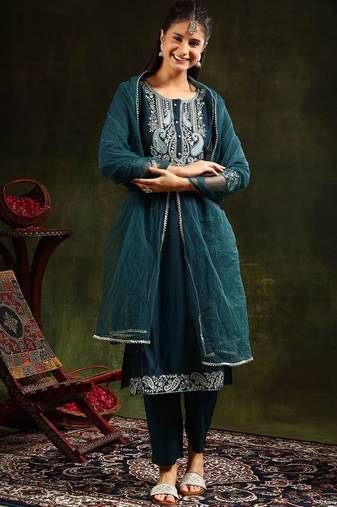 embroidered thread work chanderi cotton kurta with trousers & dupatta
