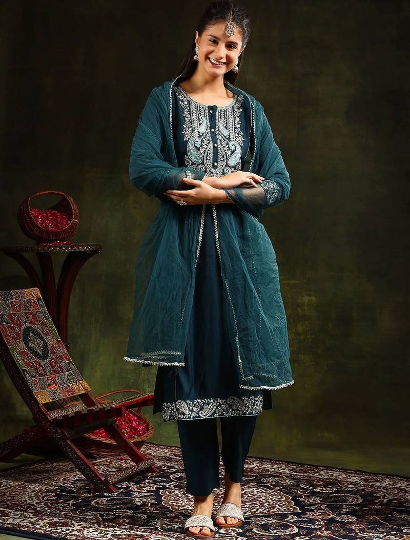 embroidered thread work chanderi cotton kurta with trousers & dupatta
