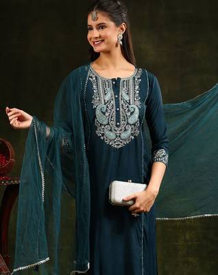 embroidered thread work chanderi cotton kurta with trousers & dupatta 2