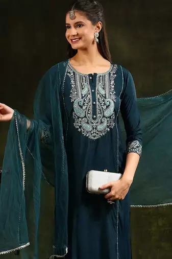 embroidered thread work chanderi cotton kurta with trousers & dupatta