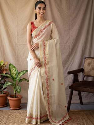 Off white checked woven design zari silk blend saree with blouse 1