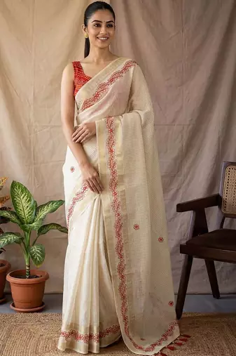 Off white checked woven design zari silk blend saree with blouse