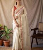 Off white checked woven design zari silk blend saree with blouse
