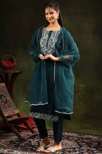 embroidered thread work chanderi cotton kurta with trousers & dupatta