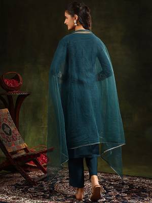 embroidered thread work chanderi cotton kurta with trousers & dupatta 6