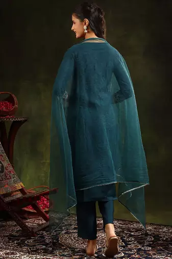 embroidered thread work chanderi cotton kurta with trousers & dupatta