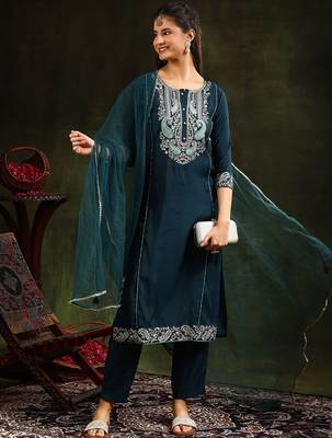 embroidered thread work chanderi cotton kurta with trousers & dupatta 7