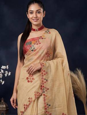 Beige ethnic motifs embroidered  cotton saree 1