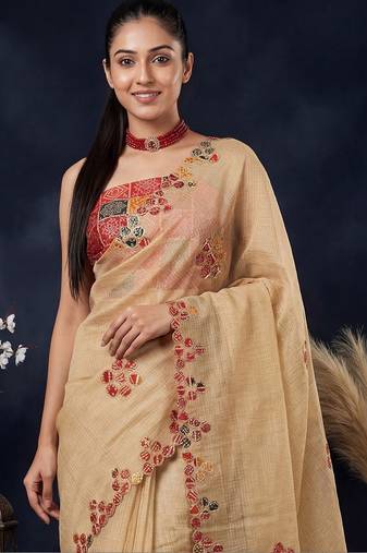 Beige ethnic motifs embroidered  cotton saree
