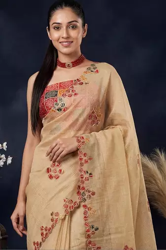 Beige ethnic motifs embroidered  cotton saree