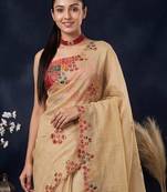 Beige ethnic motifs embroidered  cotton saree