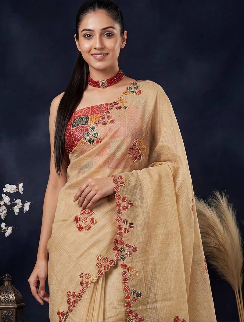 Beige ethnic motifs embroidered  cotton saree