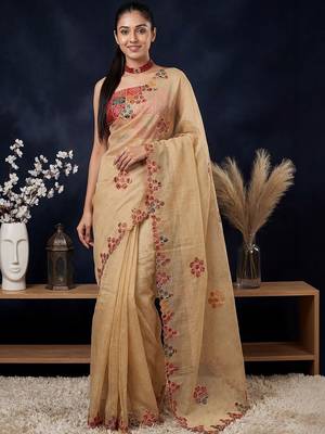 Beige ethnic motifs embroidered  cotton saree 2