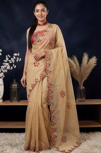 Beige ethnic motifs embroidered  cotton saree