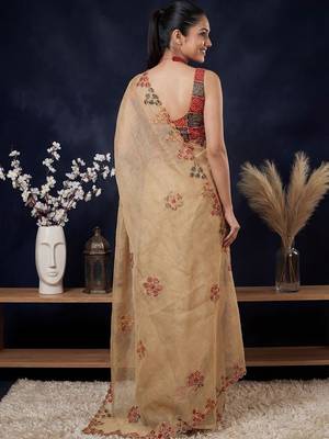 Beige ethnic motifs embroidered  cotton saree 3
