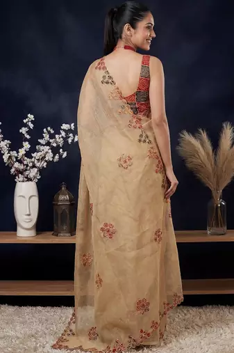 Beige ethnic motifs embroidered  cotton saree
