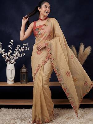 Beige ethnic motifs embroidered  cotton saree 4