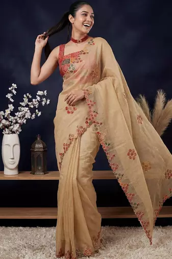 Beige ethnic motifs embroidered  cotton saree