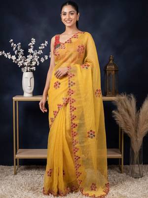 Yellow floral embroidered  cotton saree 1