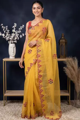 Yellow floral embroidered  cotton saree