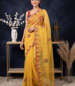 Yellow floral embroidered  cotton saree