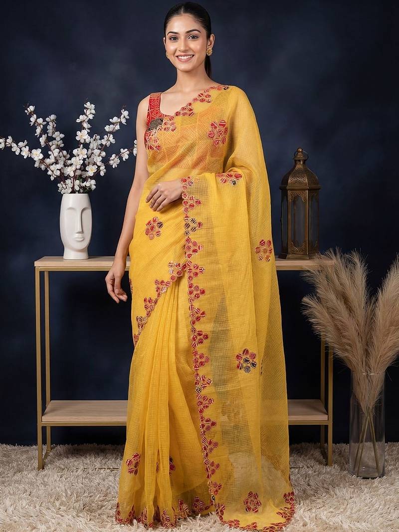 Yellow floral embroidered  cotton saree