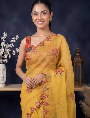Yellow floral embroidered  cotton saree 2