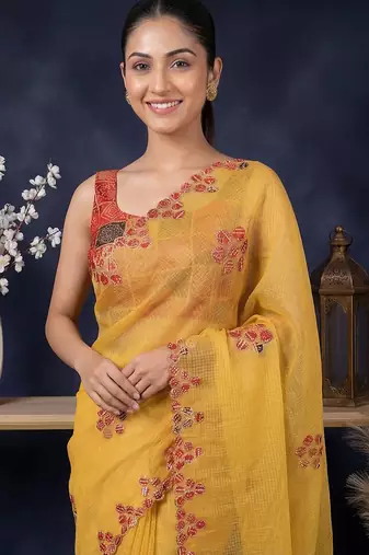 Yellow floral embroidered  cotton saree