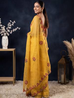 Yellow floral embroidered  cotton saree 3