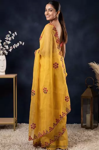 Yellow floral embroidered  cotton saree