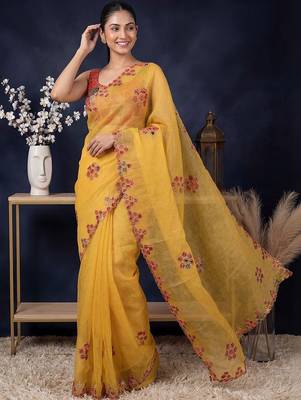 Yellow floral embroidered  cotton saree 4