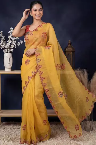 Yellow floral embroidered  cotton saree