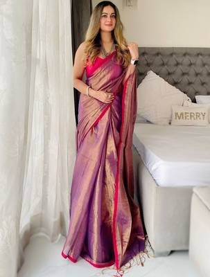 Purple woven design tissue kasavu saree 1