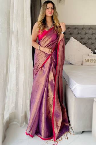Purple woven design tissue kasavu saree