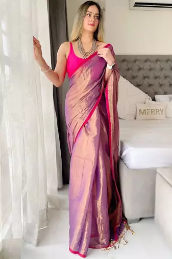 Purple woven design tissue kasavu saree