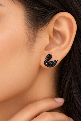 Pave crystal setting, swan silhouette design, stud back closure, women's fashion, black finish