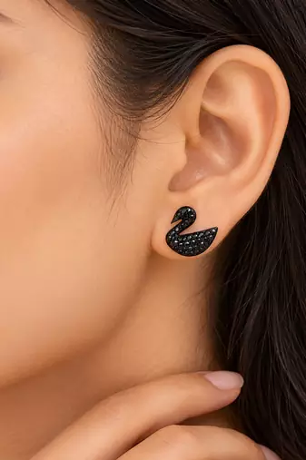 Pave crystal setting, swan silhouette design, stud back closure, women's fashion, black finish