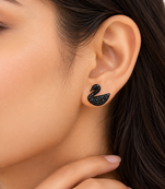 Pave crystal setting, swan silhouette design, stud back closure, women's fashion, black finish