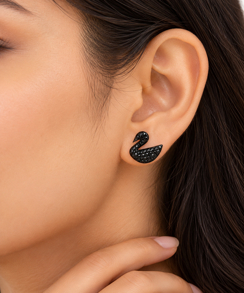 Pave crystal setting, swan silhouette design, stud back closure, women's fashion, black finish