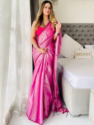 Pink tissue handloom kasavu saree 4