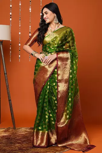Green green paisley woven design zari organza banarasi saree