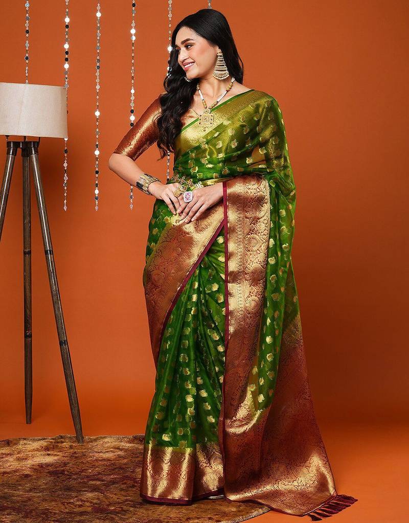 Green green paisley woven design zari organza banarasi saree