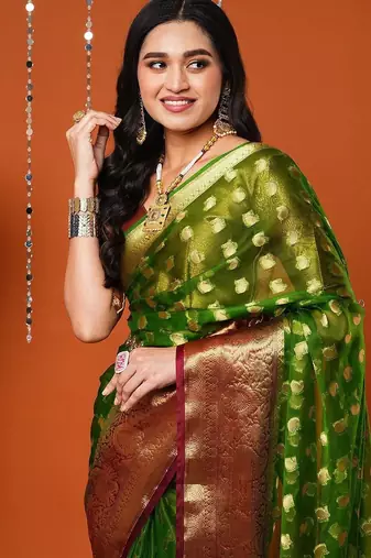 Green green paisley woven design zari organza banarasi saree