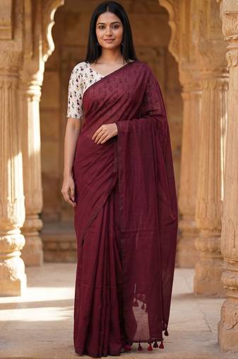 Maroon woven design  cotton khadi saree