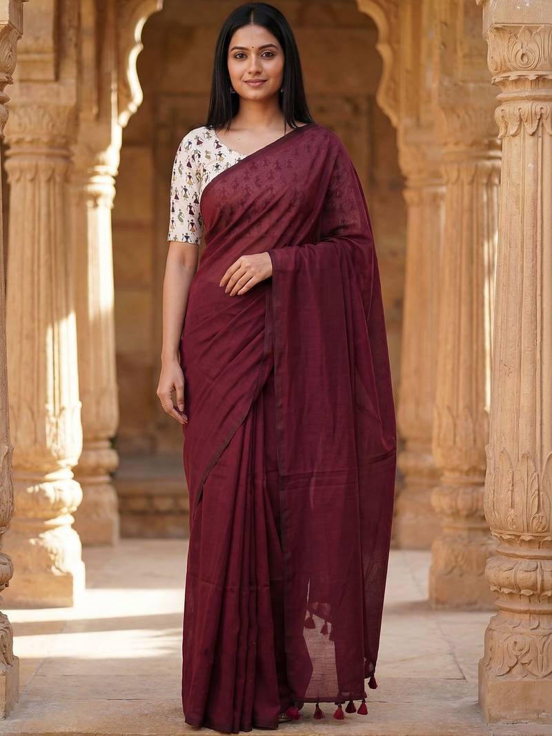 Maroon woven design  cotton khadi saree