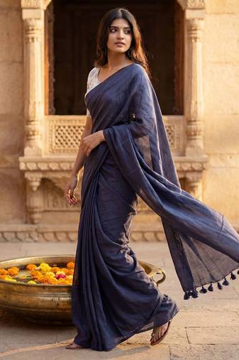 Navy blue  cotton handloom khadi saree