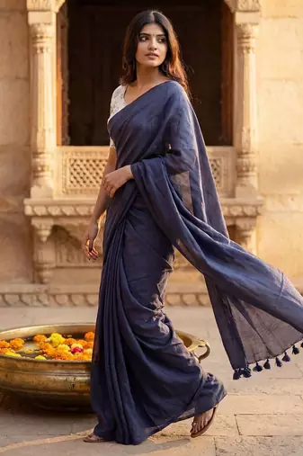 Navy blue  cotton handloom khadi saree