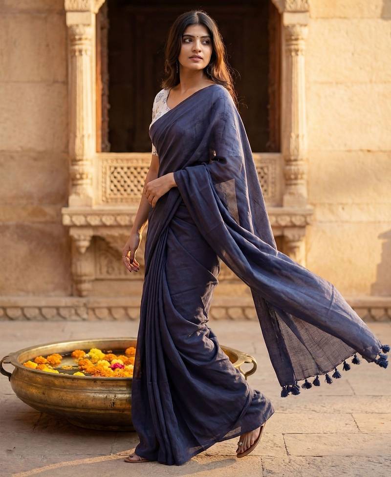 Navy blue  cotton handloom khadi saree
