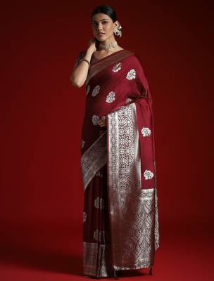Burgundy ethnic motifs woven design banarasi saree 1
